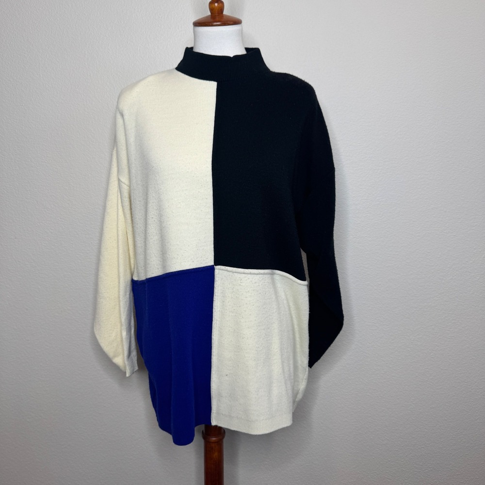 VTG Colorblock 1045 Park Sweater LG Dolman Sleeve Mock Neck Ceramic‎ Black Blue